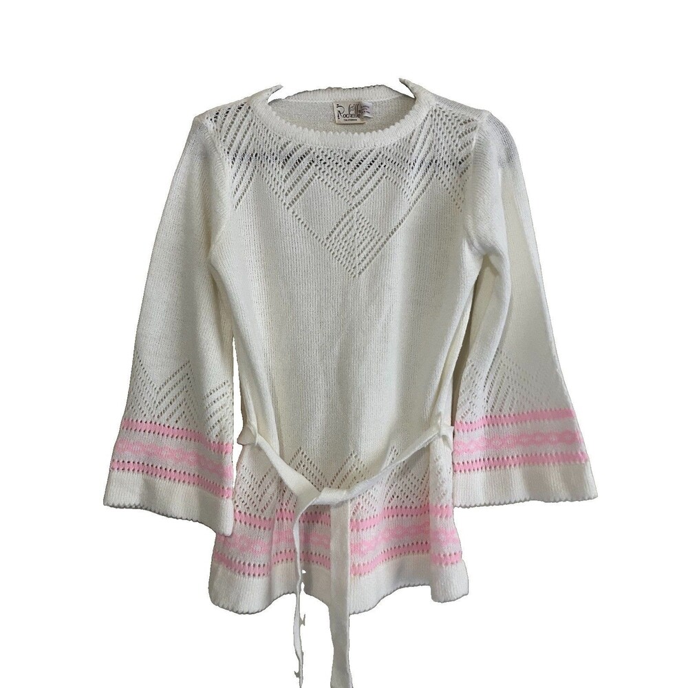 Rochelle California Knit Sweater Medium VTG White Pink Belted Bell Sleeve 70s